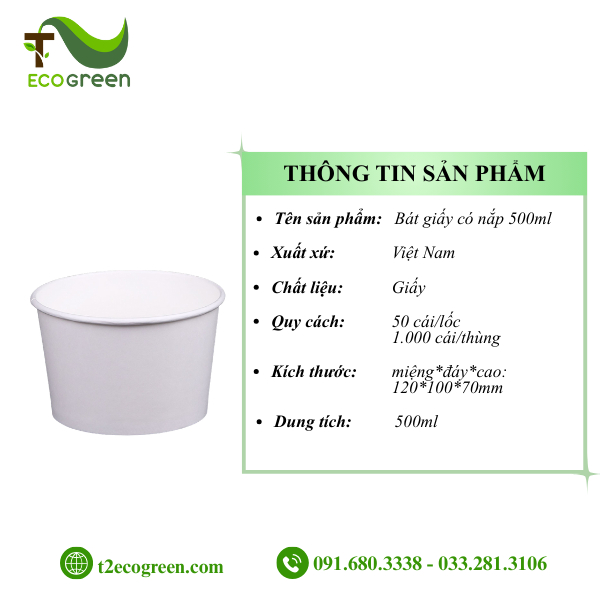 Alternative view of Bát (tô) giấy trắng dùng 1 lần có nắp PP 500ml (16oz)
