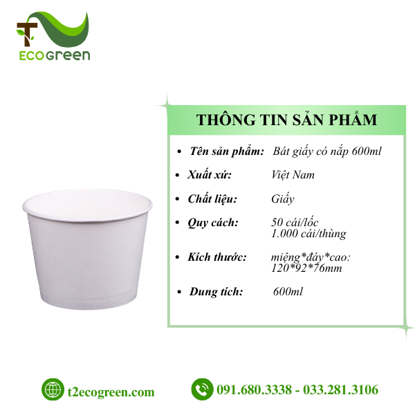 Alternative view of Bát (tô) giấy trắng dùng 1 lần có nắp PP 600ml (20oz)