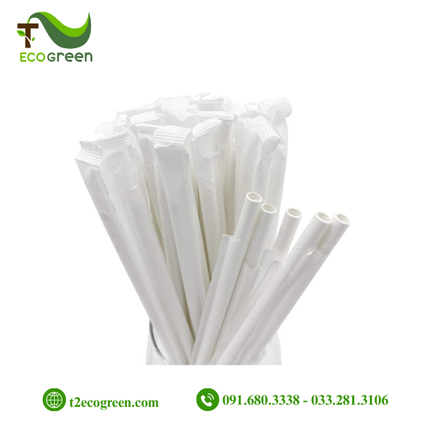 Ống hút giấy dùng 1 lần - trắng phi 8 có màng bọc