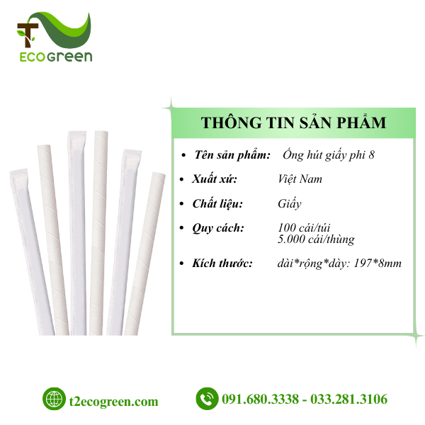 Alternative view of Ống hút giấy dùng 1 lần - trắng phi 8 có màng bọc