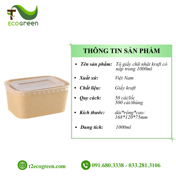 Alternative view of Tô giấy chữ nhật kraft có nắp trong 1000ml