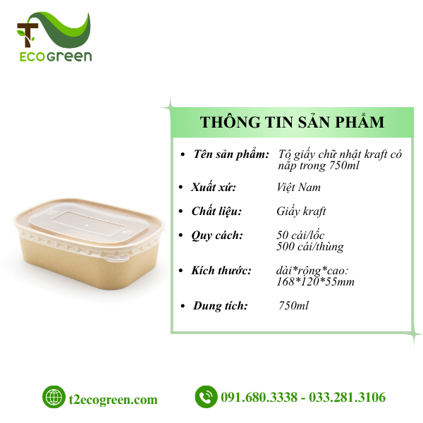 Alternative view of Tô giấy chữ nhật kraft có nắp trong 750ml