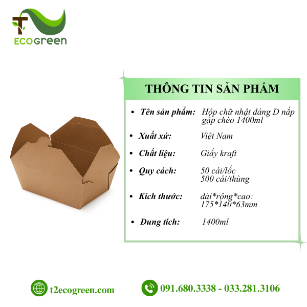 Alternative view of Hộp chữ nhật dáng D nắp gập chéo 1400ml