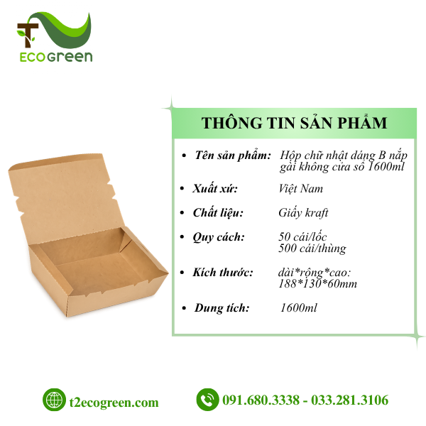 Alternative view of Hộp chữ nhật dáng B nắp gài không cửa sổ 1600ml