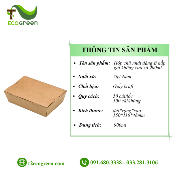 Alternative view of Hộp chữ nhật dáng B nắp gài không cửa sổ 900ml